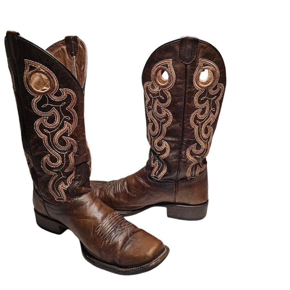 Circle G Womens Cutout Embroidery Cognac Brown Square Toe Boots  Made in Mexico - Picture 2 of 14